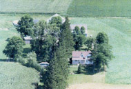Aerial view of the farm buildings and surrounding fields